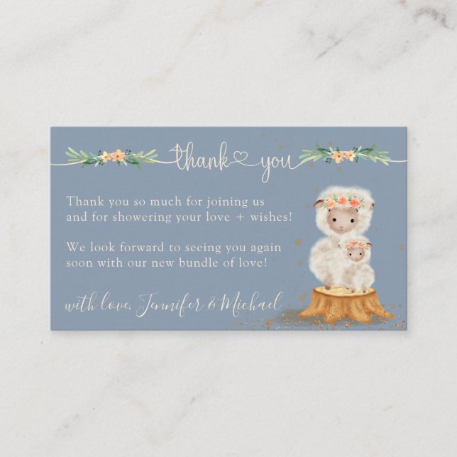 Navy Blue Cream Lamb Sheep Baby Shower Thank You Enclosure Card (Front)