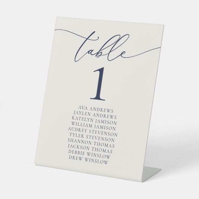 Navy Blue & Cream Minimalist Wedding Table Number Pedestal Sign (Front)