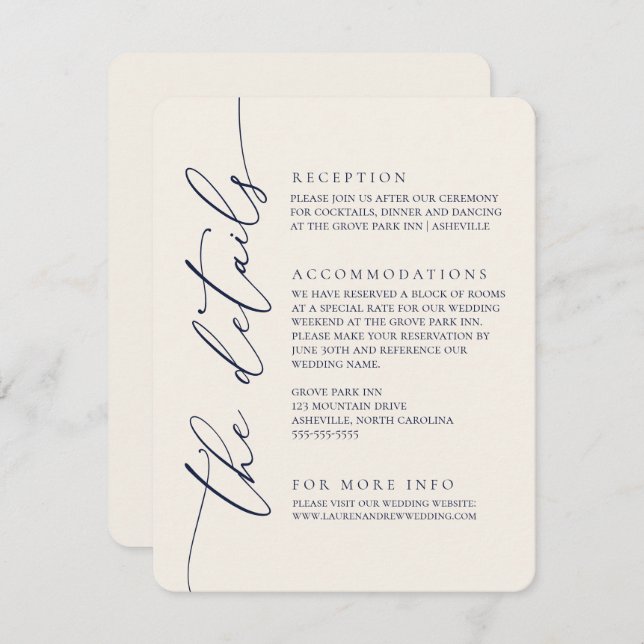 Navy Blue & Cream Modern Minimalist Wedding 2 Enclosure Card (Front/Back)