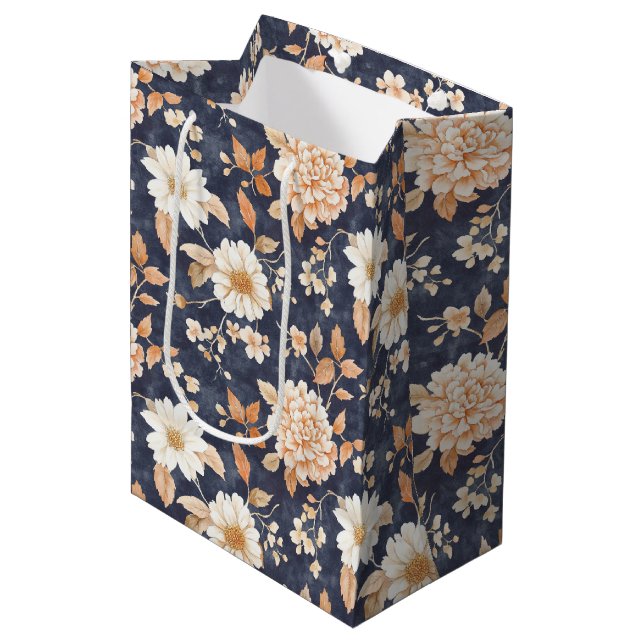 Navy Blue Cream Peach Floral Birthday Medium Gift Bag (Front Angled)