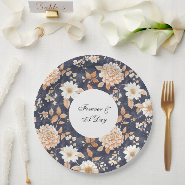 Navy Blue Cream Peach Floral Wedding Paper Plate (Wedding)
