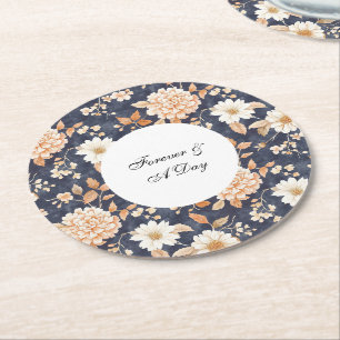 Navy Blue Cream Peach Floral Wedding Round Paper Coaster