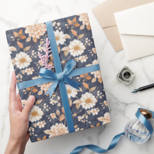 Navy Blue Cream Peach Floral Wrapping Paper