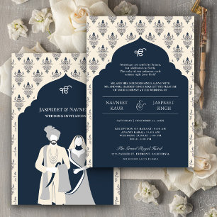 Navy Blue Cream Punjabi Anand Karaj Sikh Wedding Invitation