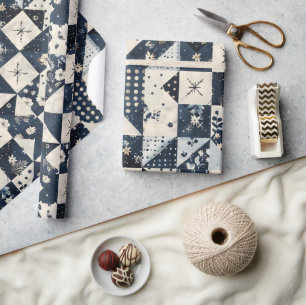 Navy Blue Cream Quilt Gingham Cottagecore Floral  Wrapping Paper