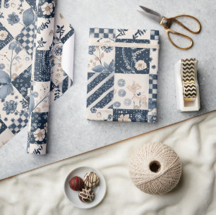 Navy Blue Cream Quilt Gingham Cottagecore Floral  Wrapping Paper