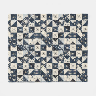 Navy Blue Cream Quilt Patchwork Gingham Patchwork Fleece Blanket