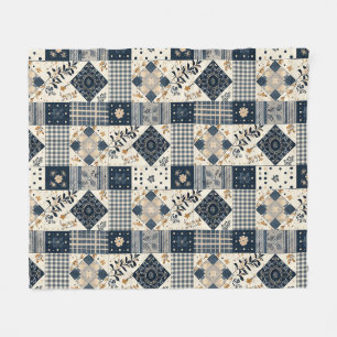 Navy Blue Cream Quilt Patchwork Gingham Patchwork Fleece Blanket