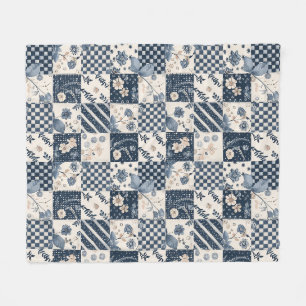 Navy Blue Cream Quilt Patchwork Gingham Patchwork Fleece Blanket