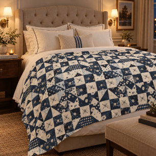 Navy Blue Cream Quilt Patchwork Gingham Patchwork Fleece Blanket