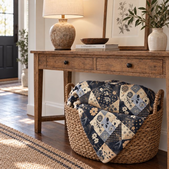Navy Blue Cream Quilt Patchwork Gingham Patchwork Fleece Blanket (Creator Uploaded)