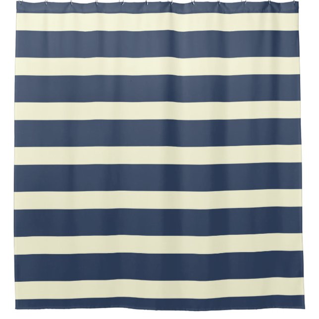 Navy blue cream stripes shower curtain (Front)