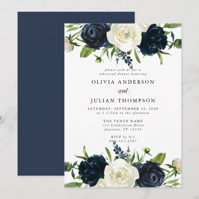 Navy Blue & Cream White Floral Rehearsal Dinner Invitation (Front/Back)