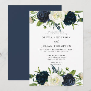 Navy Blue & Cream White Floral Rehearsal Dinner Invitation