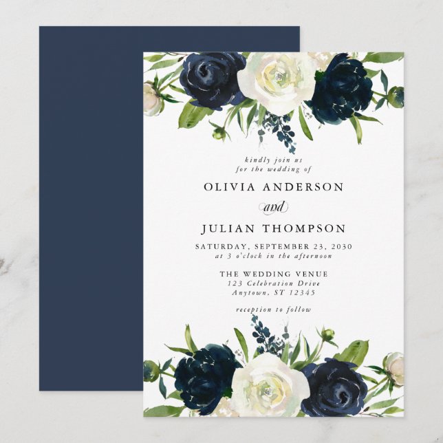 Navy Blue & Cream White Floral Watercolor Wedding Invitation (Front/Back)