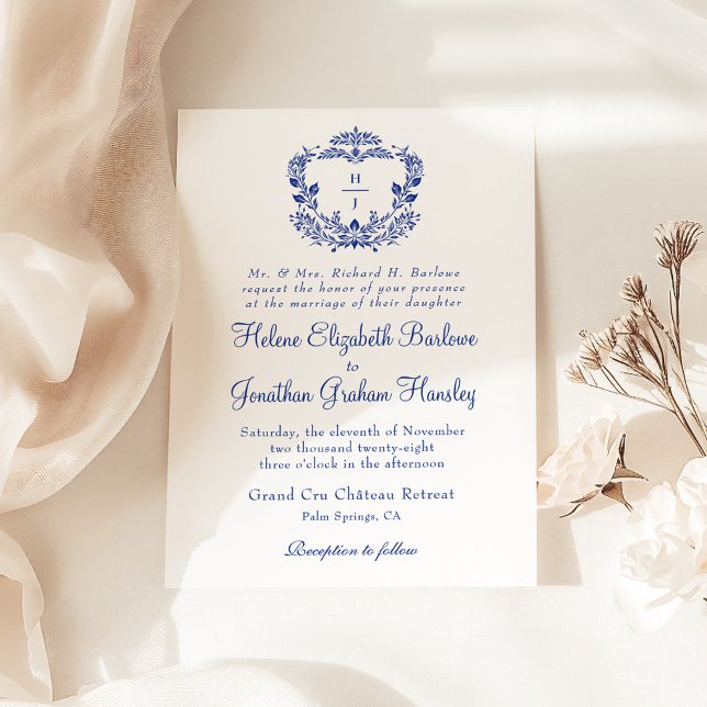 Navy Blue Crest Formal Elegant Wedding Invitation (Navy Blue Crest Formal Elegant Wedding Invitation)