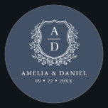 Navy Blue Crest Modern Monogram Wedding  Classic Round Sticker<br><div class="desc">Add a touch of sophistication to your wedding with the Navy Blue Crest Modern Monogram Wedding Classic Round Sticker. Featuring a deep navy blue background, a refined crest design, and a personalised monogram, this sticker is perfect for enhancing your wedding invitations, favours, or stationery. Its elegant yet modern style makes...</div>