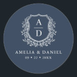 Navy Blue Crest Modern Monogram Wedding  Classic Round Sticker<br><div class="desc">Add a touch of sophistication to your wedding with the Navy Blue Crest Modern Monogram Wedding Classic Round Sticker. Featuring a deep navy blue background, a refined crest design, and a personalised monogram, this sticker is perfect for enhancing your wedding invitations, favours, or stationery. Its elegant yet modern style makes...</div>