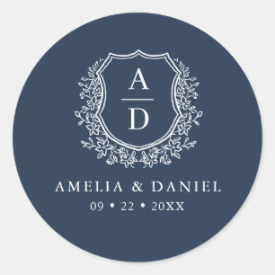 Navy Blue Crest Modern Monogram Wedding Classic Round Sticker