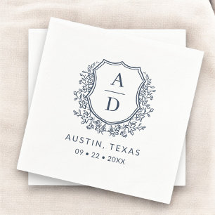 Navy Blue Crest Modern Monogram Wedding Napkin