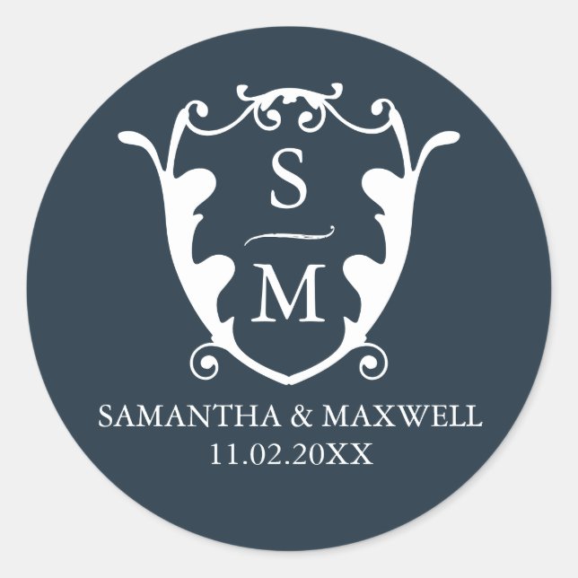 Navy Blue Crest Monogram Wedding Stickers (Front)
