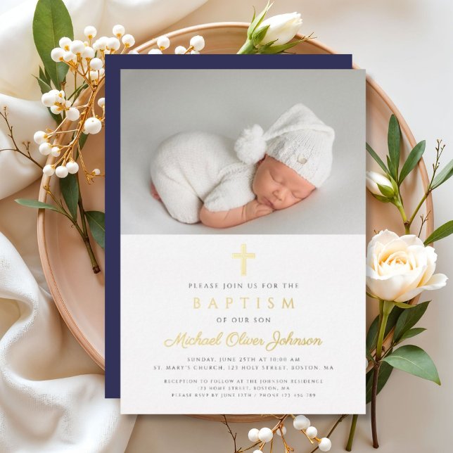 Navy Blue Cross Boy Photo Baptism Gold (Navy Blue Cross Boy Photo Baptism Gold Foil Invitation)