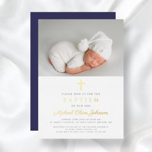 Navy Blue Cross Boy Photo Baptism Gold