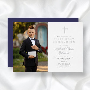 Navy Blue Cross Boy Photo First Communion Silver