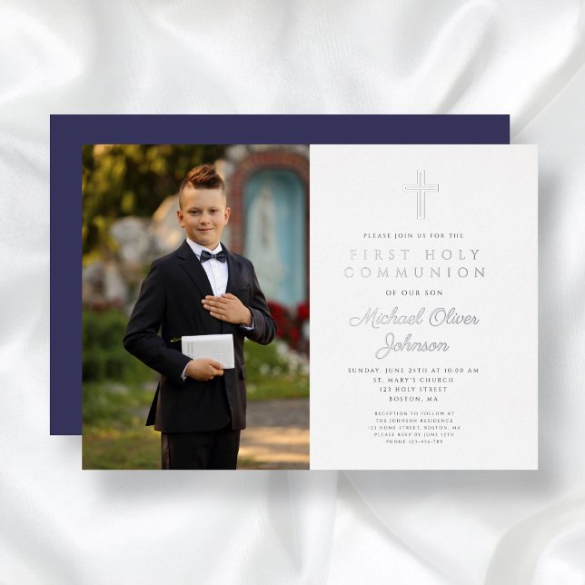 Navy Blue Cross Boy Photo First Communion Silver (Navy Blue Cross Boy Photo First Communion Silver Foil Invitation)