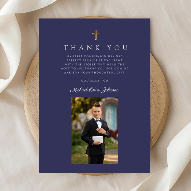 Navy Blue Cross Boy Photo First Communion  Thank You Card (Navy Blue Cross Boy Photo First Communion Thank You Card)