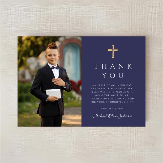 Navy Blue Cross Boy Photo First Communion  Thank You Card (Navy Blue Cross Boy Photo First Communion Thank You Card)