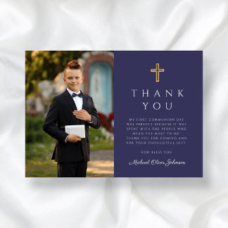 Navy Blue Cross Boy Photo First Communion  Thank You Card