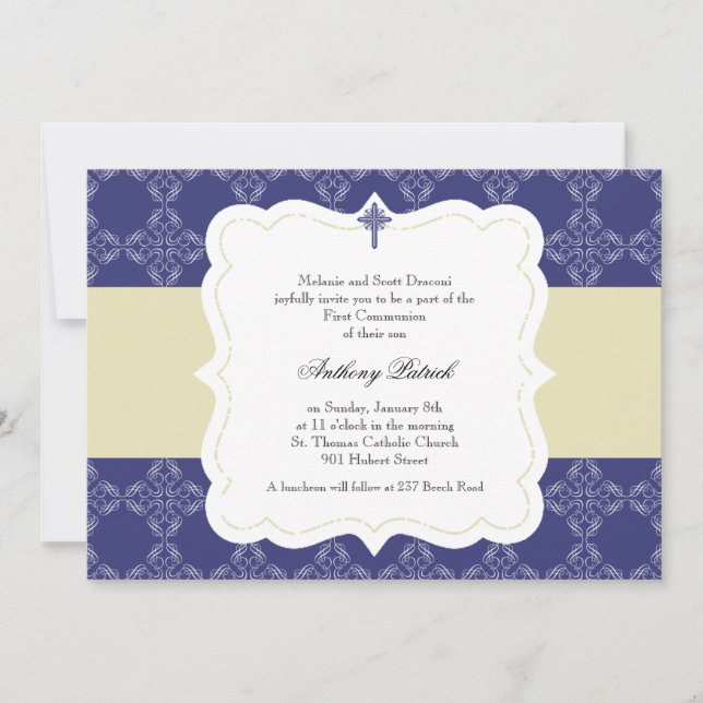 Navy Blue Cross Communion Invitation (Front)