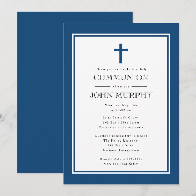 Navy Blue Cross, First Communion Invitation (Front/Back)