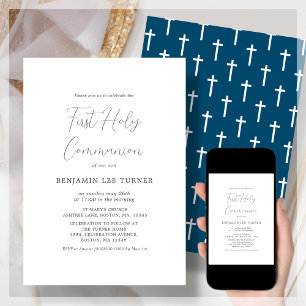 Navy Blue Cross First Communion Invitation