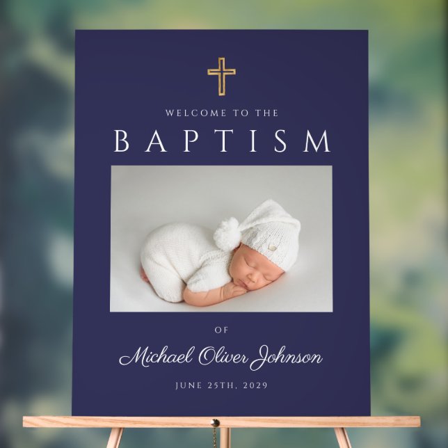 Navy Blue Cross Photo Boy Baptism Welcome Acrylic Sign (Neutral)