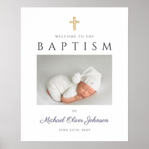 Navy Blue Cross Photo Boy Baptism Welcome  Poster