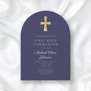 Navy Blue Cross Religious Boy First Communion Arch Invitation