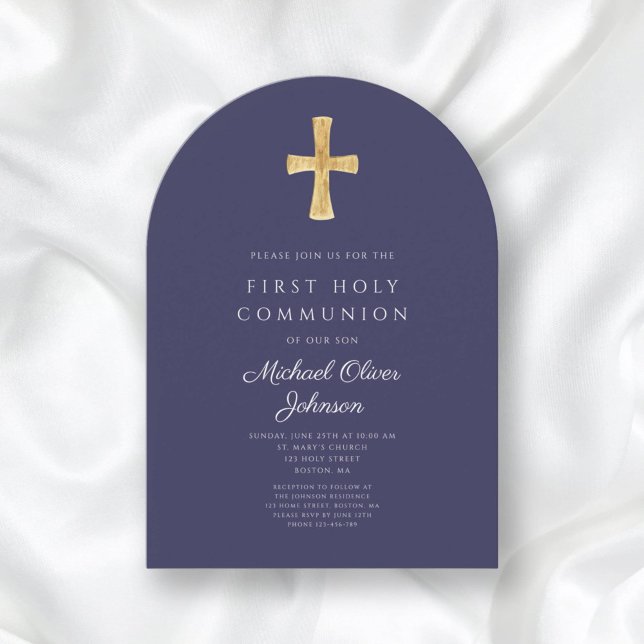 Navy Blue Cross Religious Boy First Communion Arch Invitation (Navy Blue Cross Religious Boy First Communion Arch Invitation)