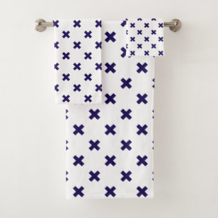 Navy blue cross stitches on white bath towel set