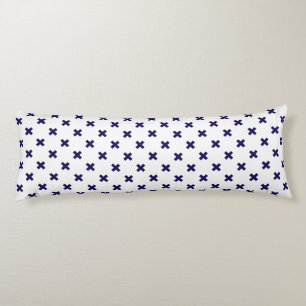 Navy blue cross stitches on white body cushion
