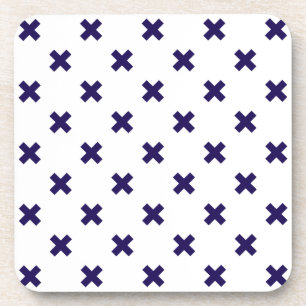 Navy blue cross stitches on white coaster