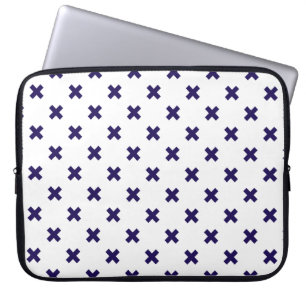 Navy blue cross stitches on white laptop sleeve