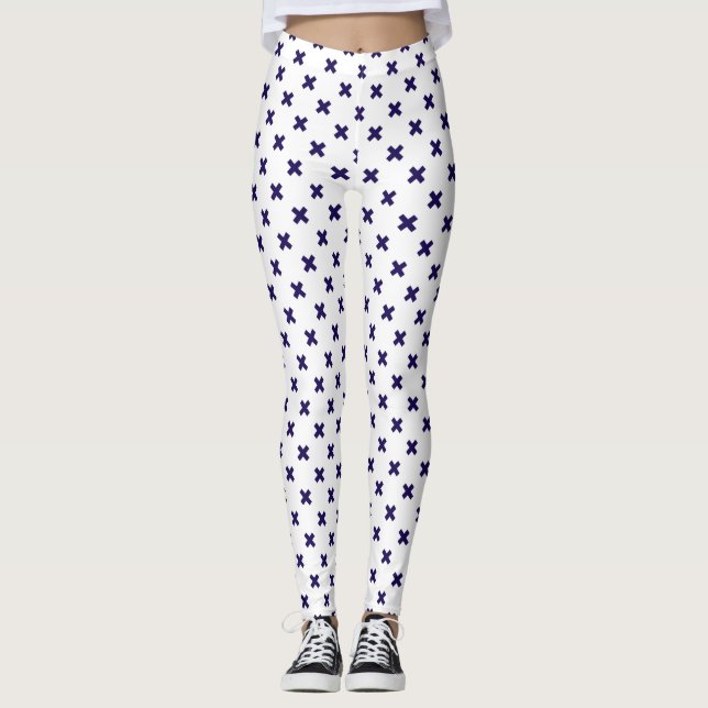 Navy blue cross stitches on white leggings (Front)