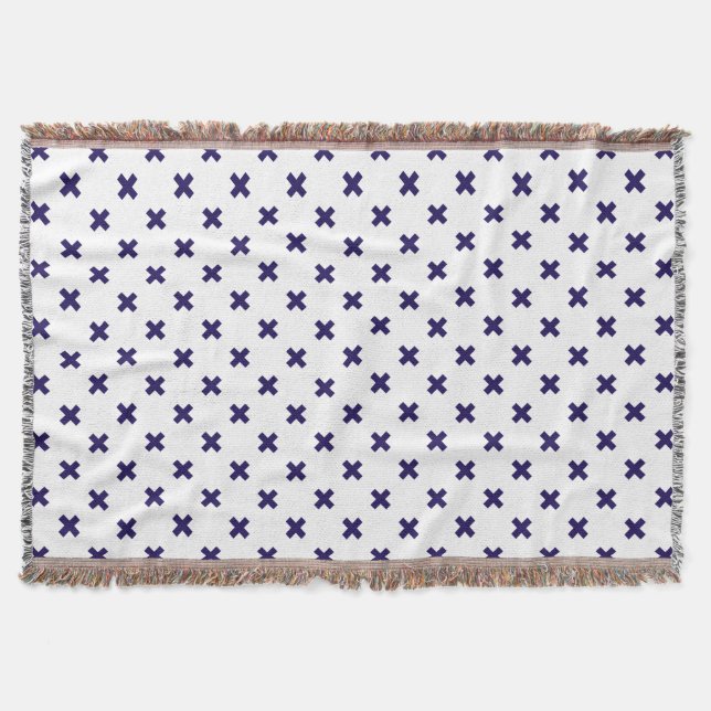 Navy blue cross stitches on white throw blanket (Front)