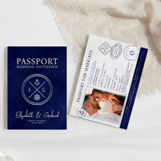 Navy Blue Cruise Passport Destination Wedding  Invitation