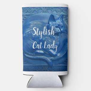 Navy blue Custom Art Nouveau cat Stylish Cat Lady Seltzer Can Cooler