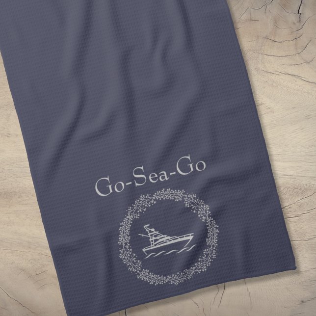 Navy Blue Custom Boat Name With Wreath Tea Towel (Creator Uploaded)