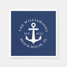 Navy Blue Custom Family Name Nautical Anchor Napkin