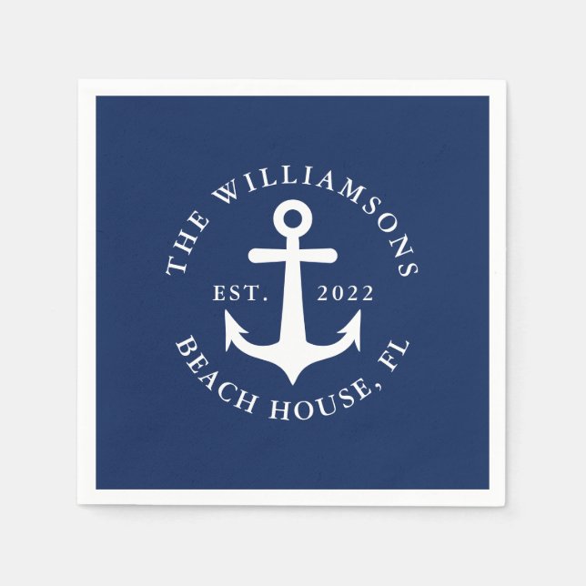 Navy Blue Custom Family Name Nautical Anchor Napkin (Front)
